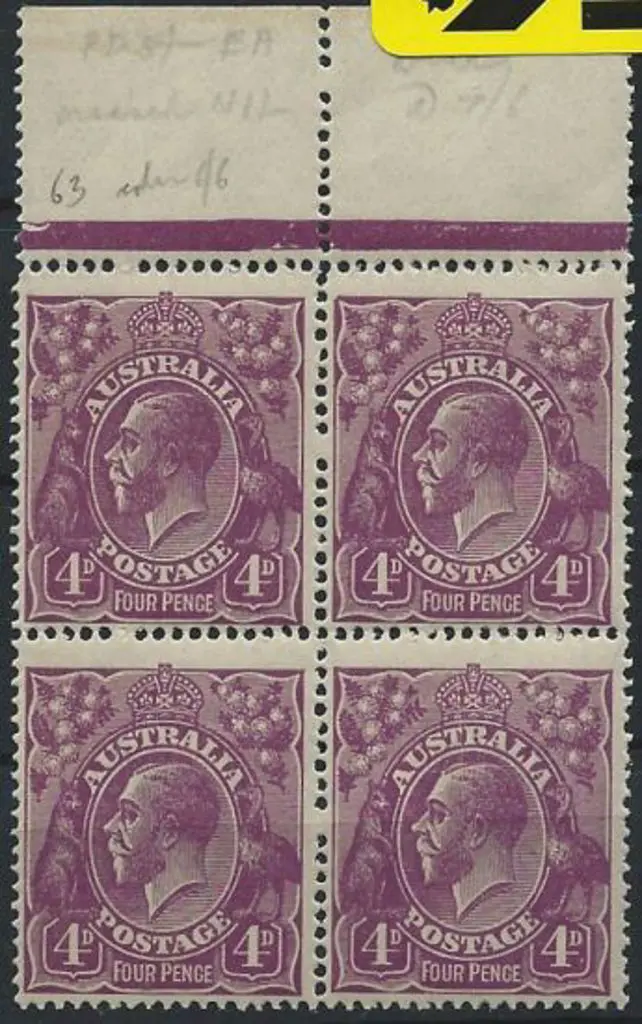 1918-23 Single wmk 4d violet. Top marginal block ... Image 1++