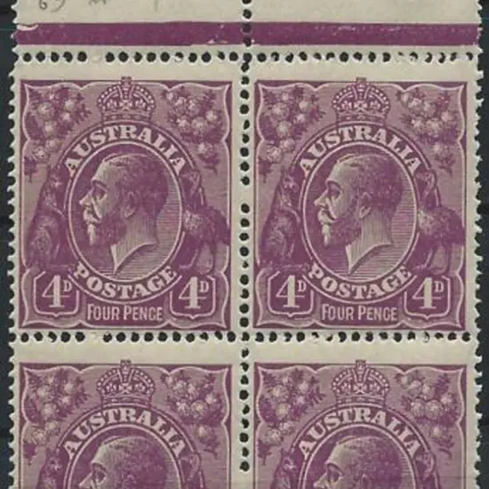 1918-23 Single wmk 4d violet. Top marginal block ...