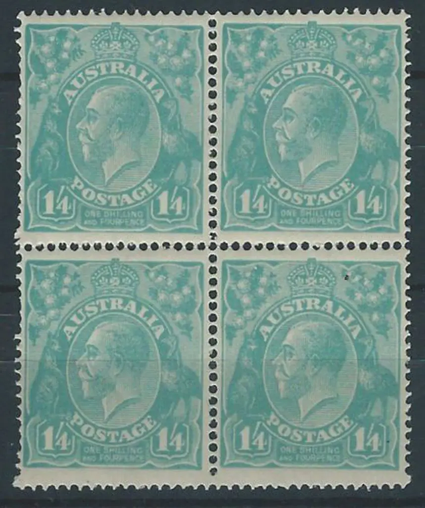 1918-23 Single wmk 1/4d turquoise-blue block of 4. ... Image 1++