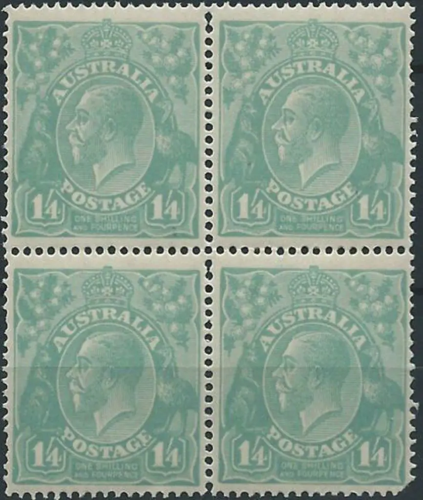 1918-23 Single wmk 1/4d greenish blue single block ... Image 1++