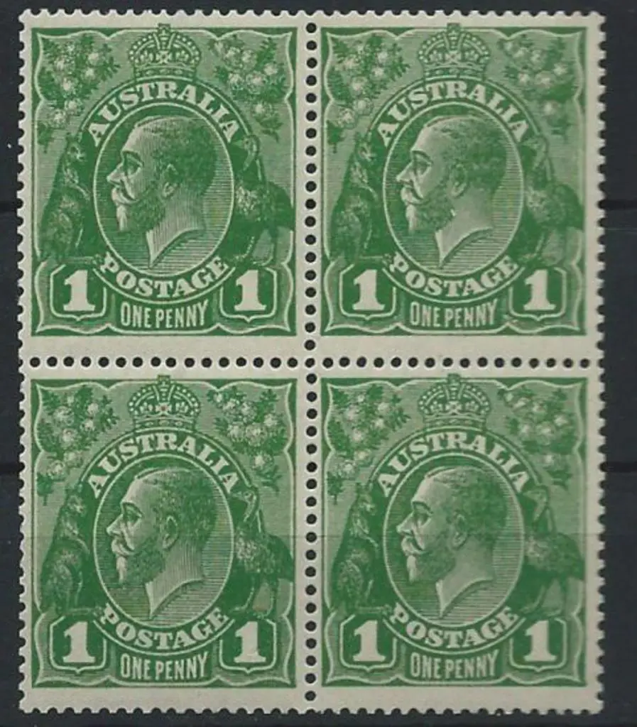 1924 Single wmk 1d green block of 4 with varieties ... Image 1++