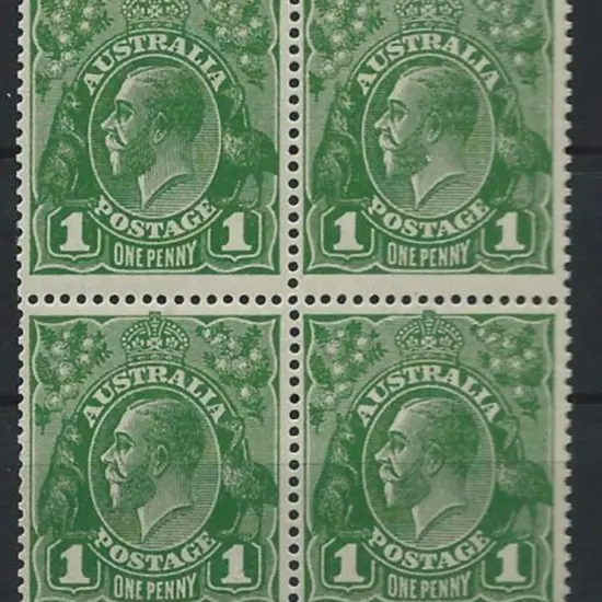 1924 Single wmk 1d green block of 4 with varieties ...