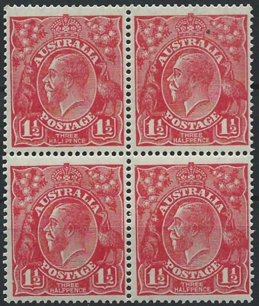 1924 Single wmk 1½d scarlet block of 4 showing ... Image 1++