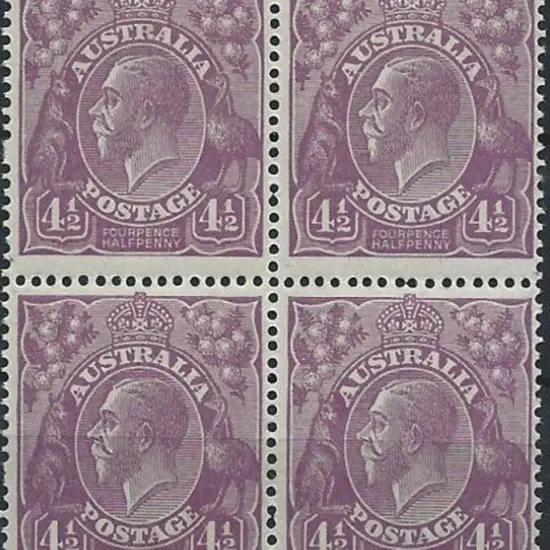 1924 Single wmk 4½d violet block of 4 MUH. SG 81, ...