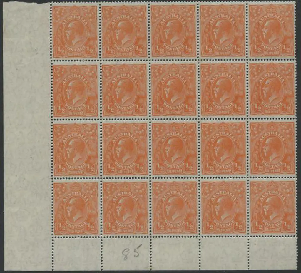 1926-30 SM wmk Perf. 14 ½d orange lower left block ... Image 1++