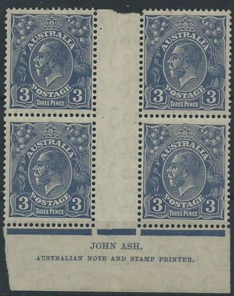 1931-36 CofA 3d blue Ash imprint gutter block of 4 ... Image 1++