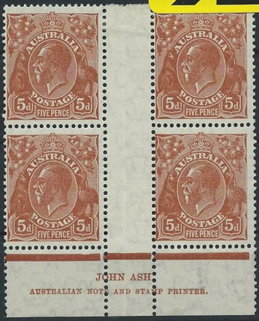 1931-36 CofA 5d chestnut Ash imprint gutter block ... Image 1++