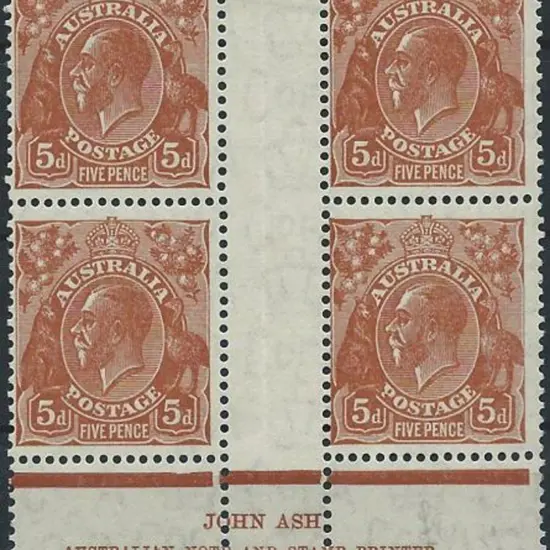 1931-36 CofA 5d chestnut Ash imprint gutter block ...