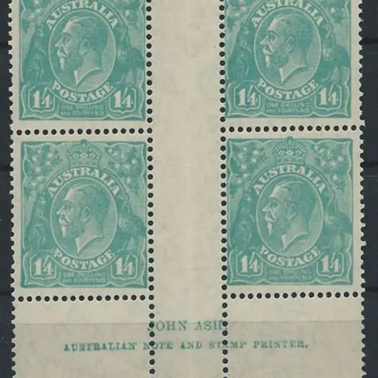 1931-36 CofA 1/4d turquoise-blue Ash imprint block ...
