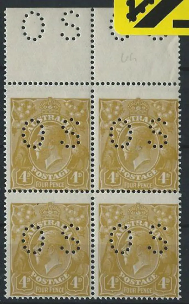 1924 4d olive perfined "OS" marginal block. ... Image 1++