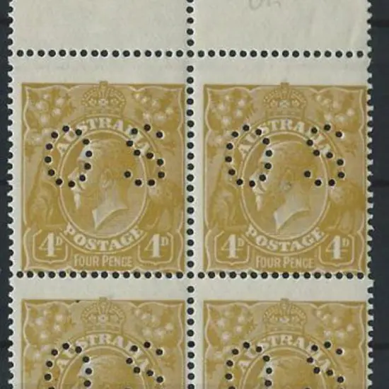 1924 4d olive perfined "OS" marginal block. ...