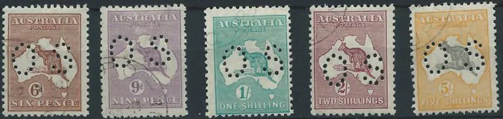 1929/30 6d to 5/- kangaroos, Sm Mult wmk, perfined ... Image 1++