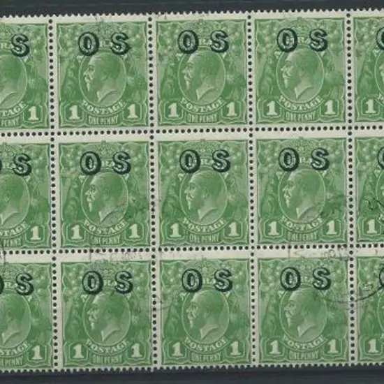 1931 1d green KGV ovptd "OS" in CTO block of 21 ...