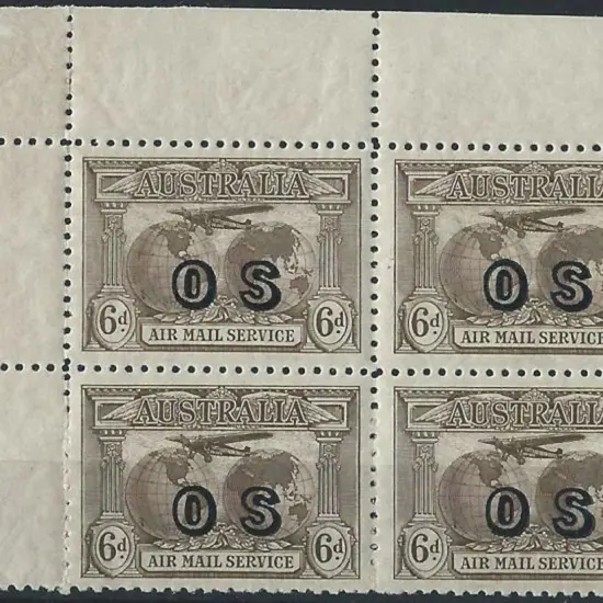 1931 6d brown Kingsford Smith Airmail ovptd "OS". ...