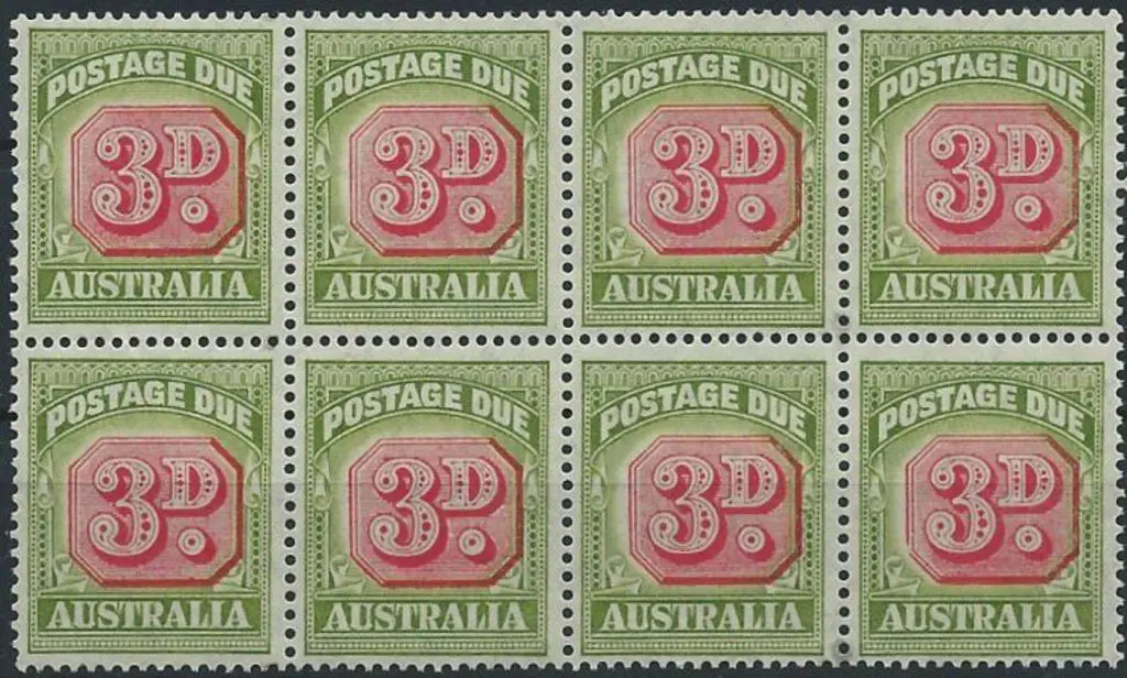 1946/57 3d carmine & green block of 8 with "broken ... Image 1++
