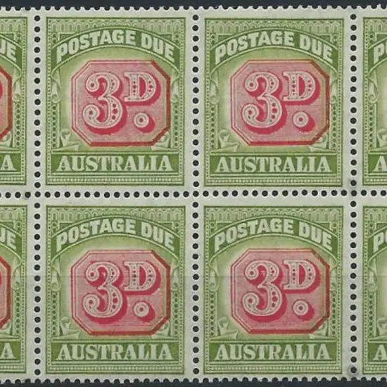 1946/57 3d carmine & green block of 8 with "broken ...