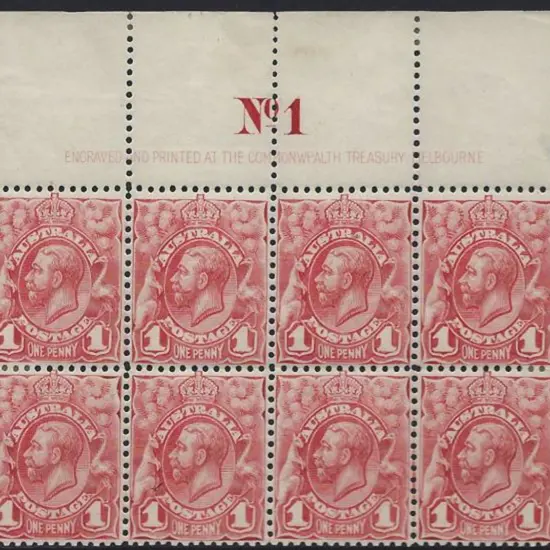 1914 1d pale red KGV engraved Plate No 1 Treasury ...