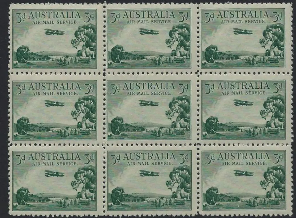 1929 3d green Airmail, type B block of 9. Centred ... Image 1++