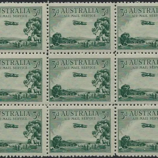 1929 3d green Airmail, type B block of 9. Centred ...