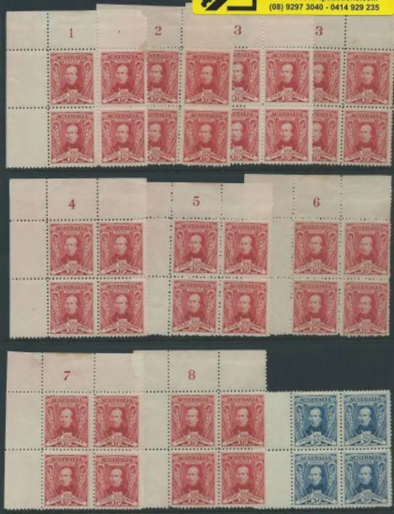 1930 1½d Sturt in plate blocks nos 1-8 with an ... Image 1++