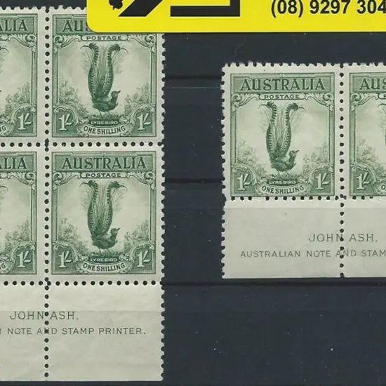 1932 1/- Lyrebird Ash imprint block of 4 MUH plus ...