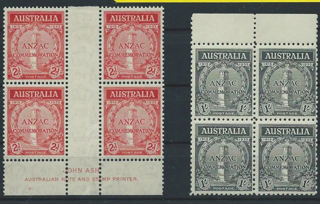 1935 2d Anzac imprint block hinged in gutter & 1/- ... Image 1++