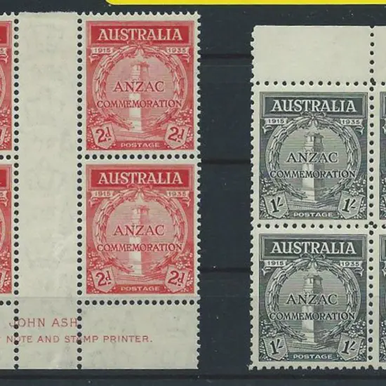 1935 2d Anzac imprint block hinged in gutter & 1/- ...