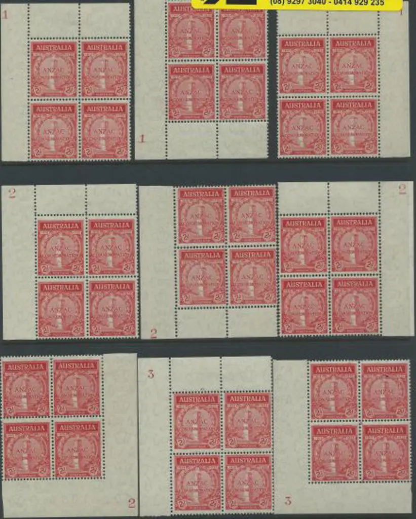 1935 2d Anzac plate blocks 1 in 3 positions, 2 in ... Image 1++