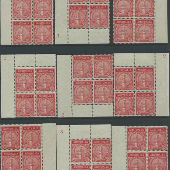 1935 2d Anzac plate blocks 1 in 3 positions, 2 in ...