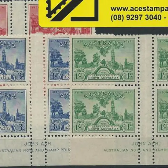 1936 S.A. Cent set of 3 in imprint gutter blocks ...