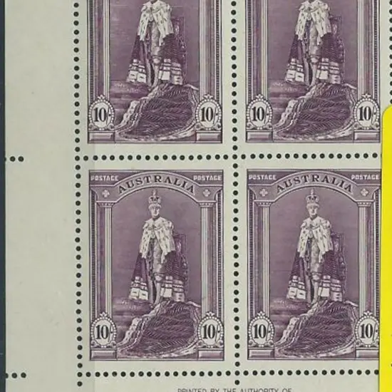 1937/49 10/- Robes By Authority imprint block of 4 ...