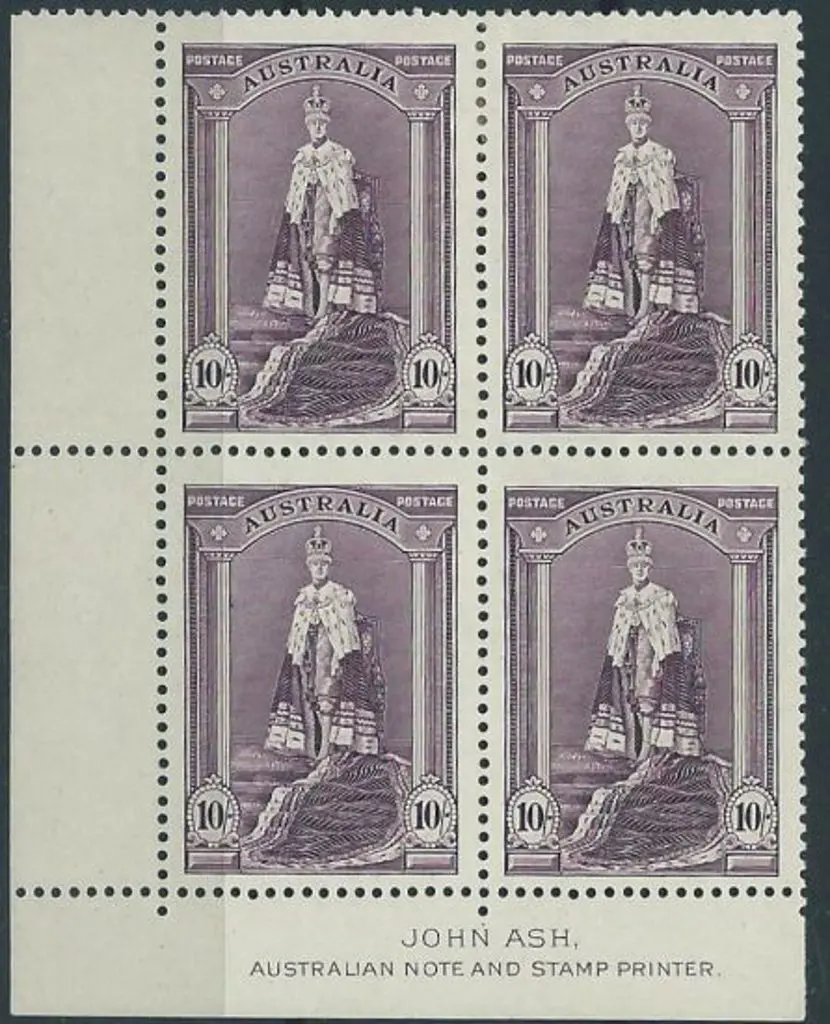 1937/49 10/- Robes Ash imprint block of 4 on thin ... Image 1++