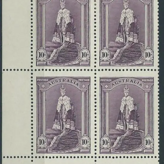 1937/49 10/- Robes Ash imprint block of 4 on thin ...