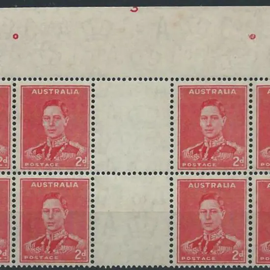 1938 2d scarlet KGVI, perf. 15x14, Die II gutter ...