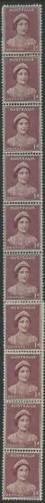 1942 1d maroon QE coil strip of 14 with join on ... Image 1++