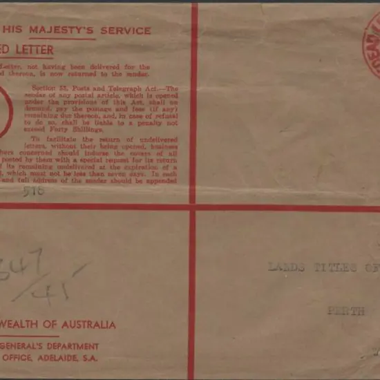 1945 (14th Sept) PMG A5 Formular "OHMS RETURNED ...