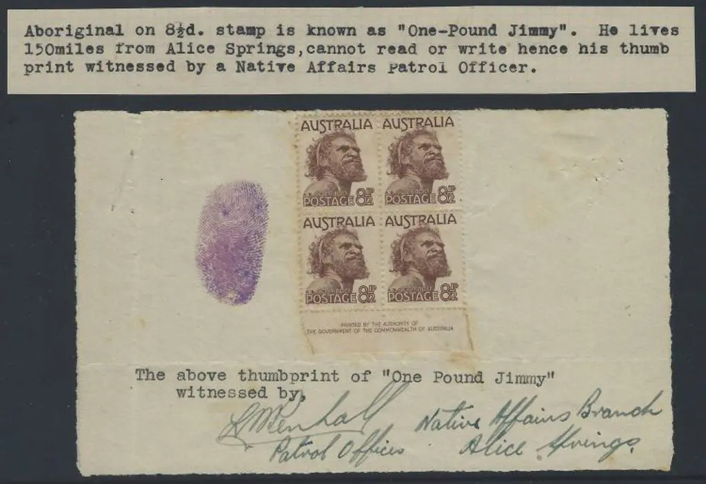 1952 8½d Aboriginal imprint block of MLH on page ... Image 1++