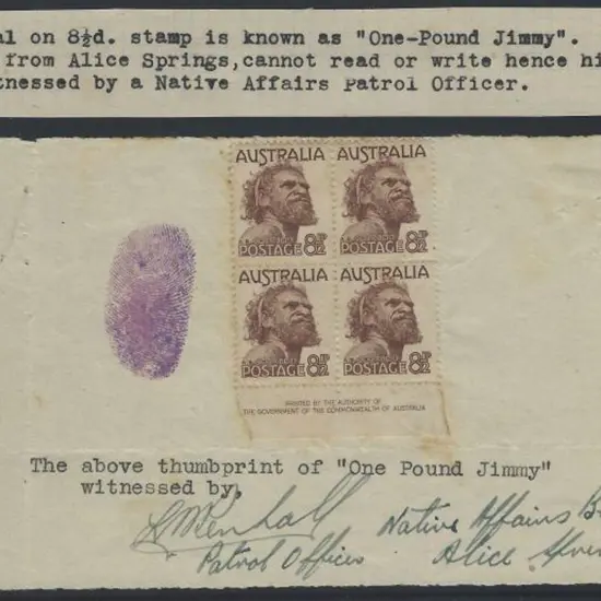1952 8½d Aboriginal imprint block of MLH on page ...
