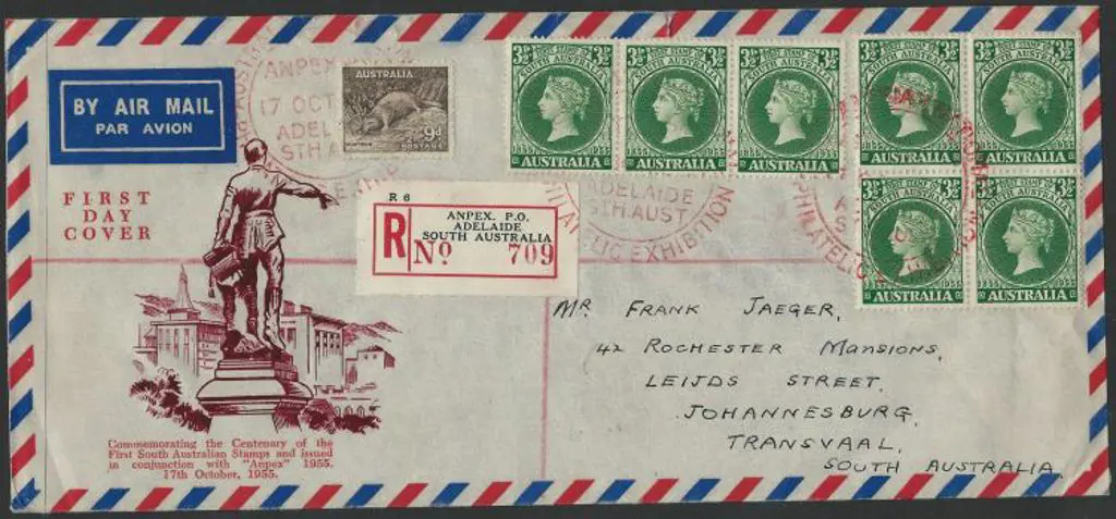 1955 (17th Oct) 3½d SA Stamp Anniv x7 FDC on Anpex ... Image 1++