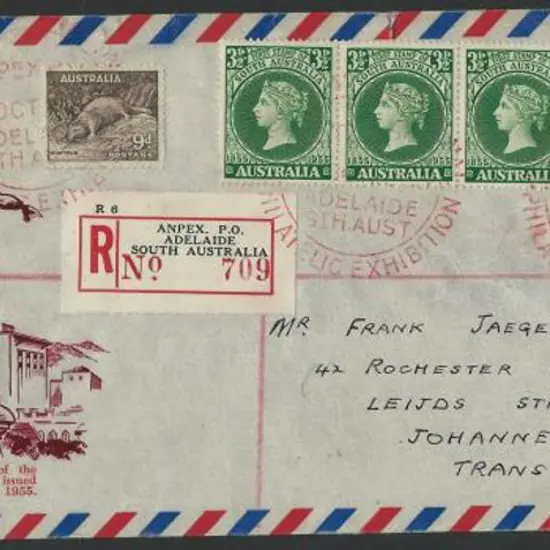 1955 (17th Oct) 3½d SA Stamp Anniv x7 FDC on Anpex ...