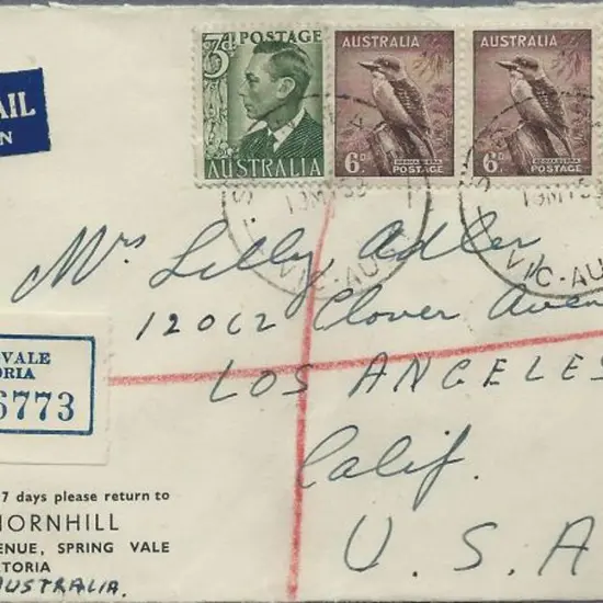 1958 (19th May) Regd Airmail cover Melbourne to ...