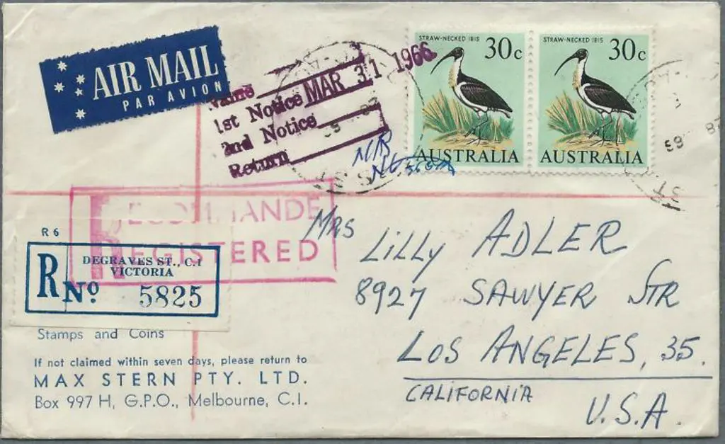 1966 (28th Mar) Regd Airmail cover to Los Angeles ... Image 1++