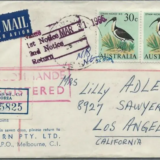 1966 (28th Mar) Regd Airmail cover to Los Angeles ...