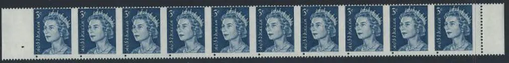 1967 5c QEII blue marginal strip of ten with ... Image 1++