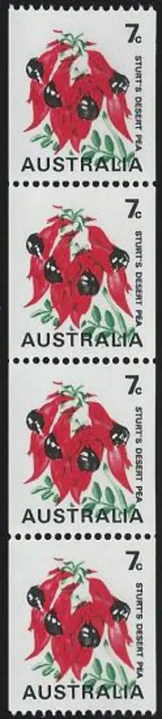 1971 7c Desert Pea coil strip of 4 with buff ... Image 1++