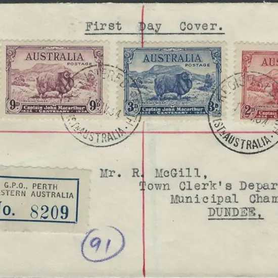 1934 (1st Nov) Macarthur set of 3 on registered ...