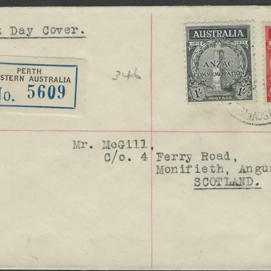 1935 (18th Mar) Anzac pair on Regd GPO Perth plain ...