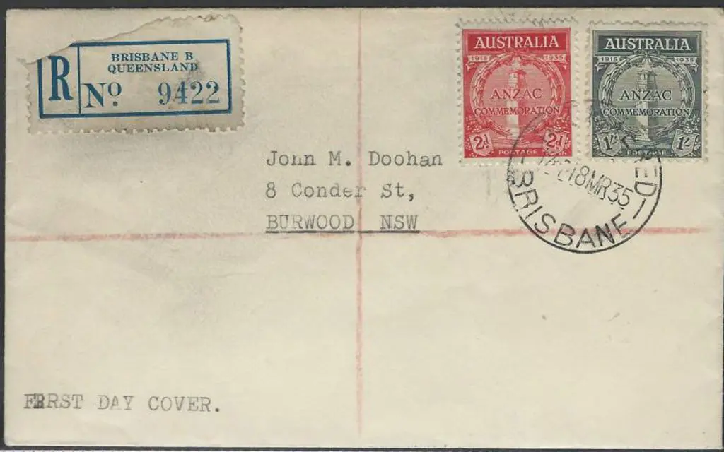 1935 (18th Mar) Anzac pair on Regd Brisbane plain ... Image 1++