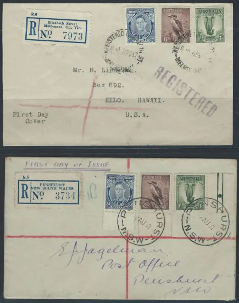 1937 (2nd Aug) 3d KGVI, 6d kookaburra & 1/- lyre ... Image 1++
