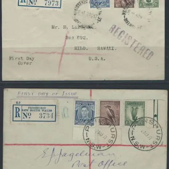 1937 (2nd Aug) 3d KGVI, 6d kookaburra & 1/- lyre ...